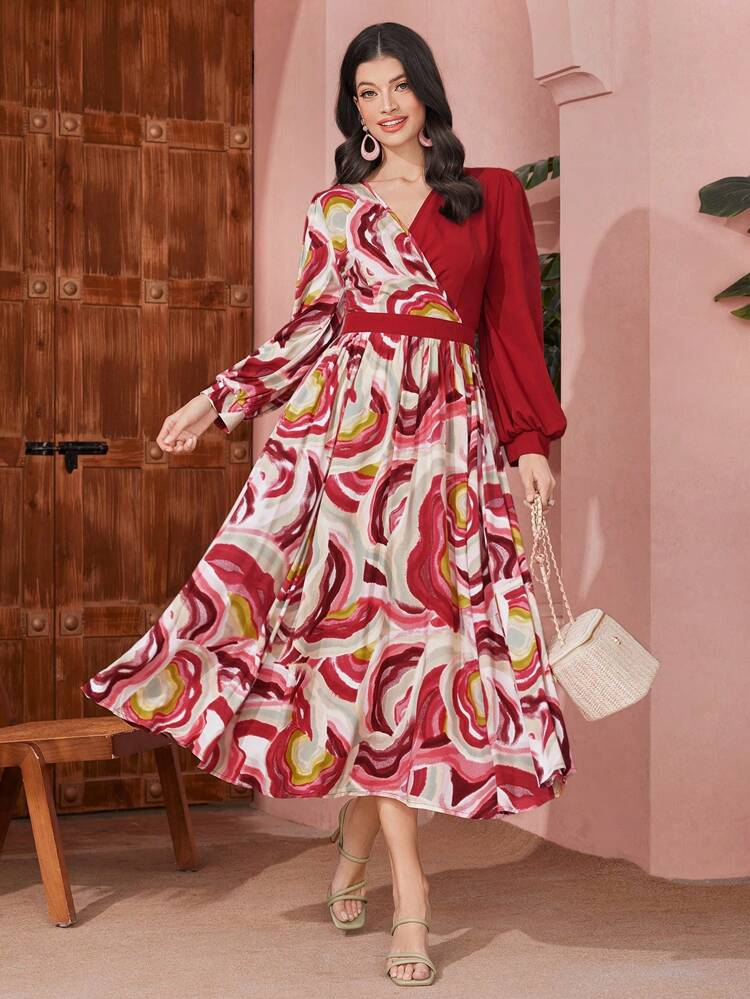 Women'S Lantern Sleeve Dress With Patchwork And Print Long Evening Dresses