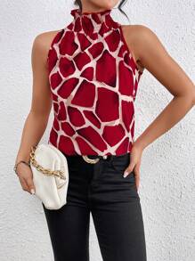 SHEIN Essnce Áo sơ mi nữ cổ đứng không tay xếp ly thường ngày - Đỏ - Xem 4