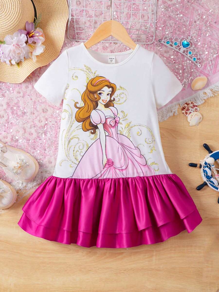 SHEIN Nhỏ bé Cô gái Đan Cô gái Mô hình Vá lại Dệt Hem Ruffled Lỏng lẻo Đầm - trắng - Xem 1