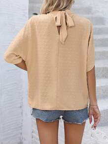 SHEIN LUNE Back Tie Bowknot Design Drop Shoulder Batwing Sleeve Blouse - Apricot - View 2