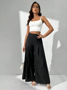 SHEIN Tall 女款高腰寬腿長褲，適合高個女性 - 黑色 - 查看 6