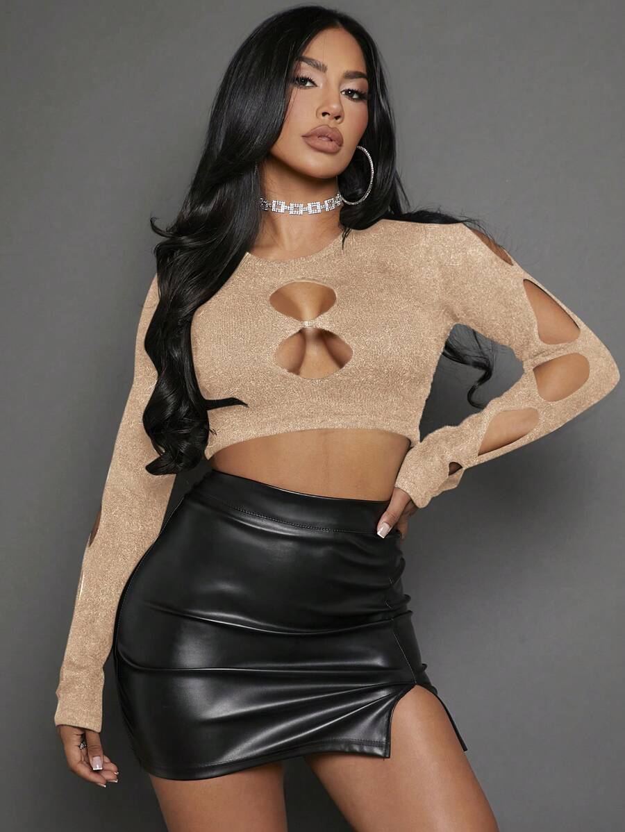 SHEIN SXY Women's Hollow Out Cropped Sweater - Apricot - View 1