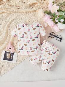 SHEIN 寶寶女孩保暖貼身可愛短袖連身衣套裝,有趣圖案,適合居家穿著 - 彩色 - 查看 1