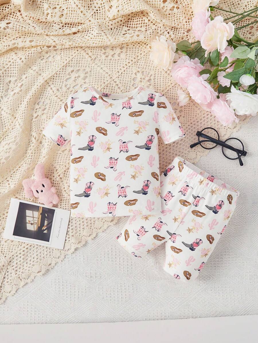 SHEIN 寶寶女孩保暖貼身可愛短袖連身衣套裝,有趣圖案,適合居家穿著 - 彩色 - 查看 1