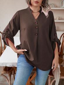 EMERY ROSE Plus Size Solid Color Rolled Sleeve Shirt Fall Cloth For Women - Coffee Brown - View 4