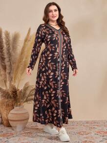 Al Najma Vestido largo de manga larga con estampado floral y parches, con cinturón para mujeres de talla grande - Multicolor - Ver 4