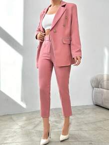EURMUSE Women's Solid Color Metal Double-Breasted Long Sleeve Blazer And Pants Casual Suit Set - Baby Pink - View 3