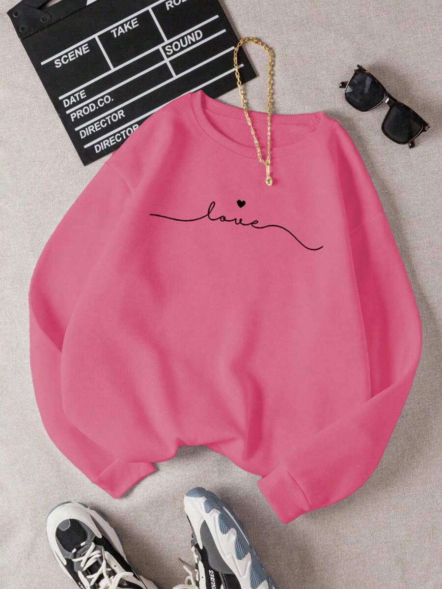 SHEIN Essnce Của phụ nữ Ấm áp Lót Áo nỉ Với In Chữ cái  và Trái tim - Màu Hồng Tươi - Xem 1