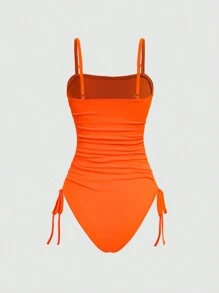 SHEIN Unity Solid Color Drawstring Side Cami Bodysuit - Orange - View 2