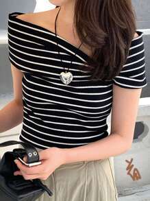 DAZY Women's Slim Fit Striped Off Shoulder T-Shirt - Black and White - View 4