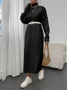 EURMUSE Women's Solid Color Turtleneck Drop Shoulder Sweater Dress - Black - View 1