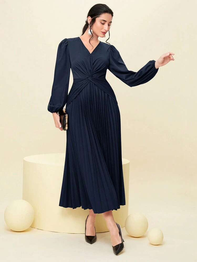 Women's V-Neck Lantern Sleeve Pleated Hem Dress
