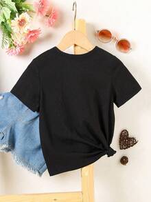 SHEIN 女童短袖t恤,印有新年快樂字樣 - 黑色 - 查看 2