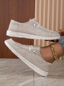 女式舒適透氣易穿梭運動鞋,米色休閒運動平底鞋 - 卡其色 - 查看 1