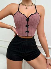 女性休閒睡衣套裝,配有蝴蝶結裝飾 - 粉色 - 查看 4