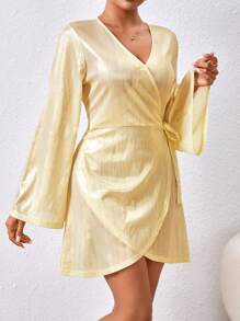 SHEIN Privé 女士交叉式前繫帶波浪袖連衣裙 - 杏色 - 查看 5