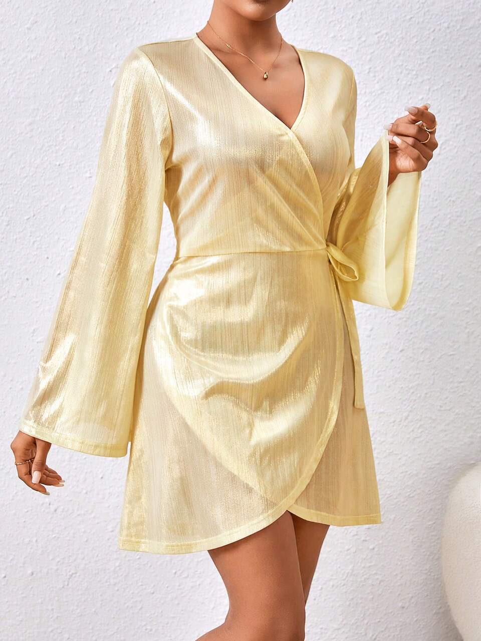 Women's Wrap Front Belted Flared Sleeve Dress