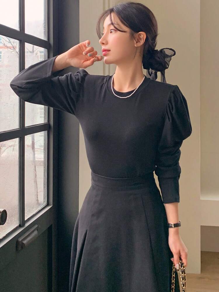 Solid Color Women's Short Sleeve T-Shirt With Leg-Of-Mutton Sleeves Long Sleeve Women Tops