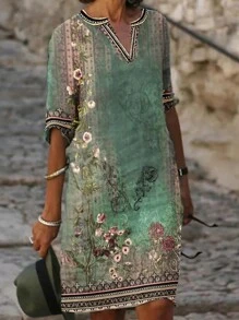 Plus Size Women Casual Printed Dress, Suitable For Home & Outdoor, Summer