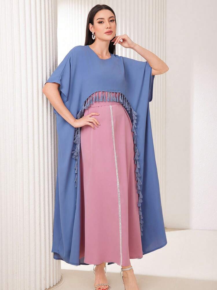 Women'S Batwing Sleeve Tassel Decorated Long Cardigan Kaftan Jalabiya Dress