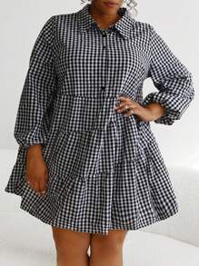 SHEIN CURVE+ Talla grande Vestido smock con estampado de guingán de manga farol bajo con fruncido - Multicolor - Ver 1