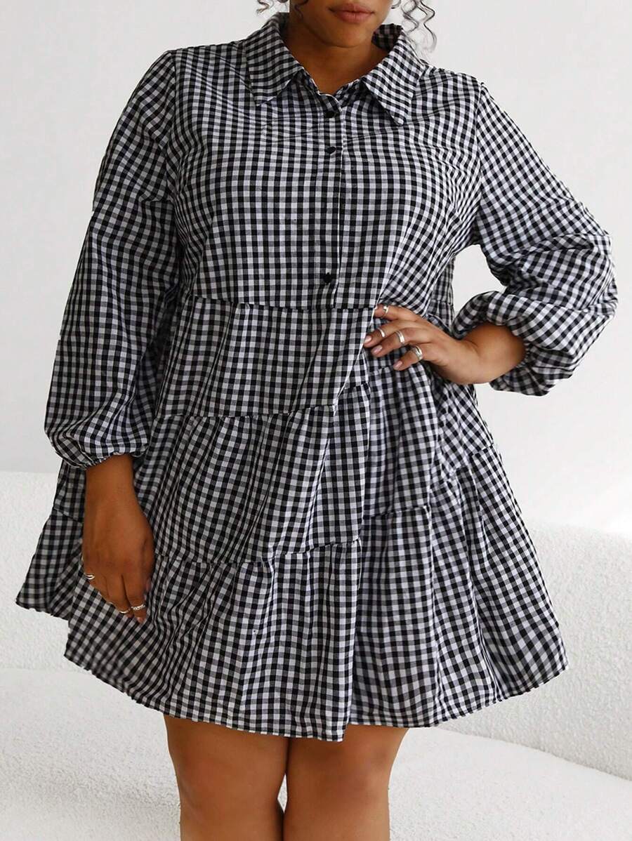 SHEIN CURVE+ Talla grande Vestido smock con estampado de guingán de manga farol bajo con fruncido - Multicolor - Ver 1