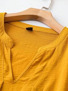 SHEIN LUNE Plus Size Notch V-neck Ruffle Long Sleeve Shirt - Yellow - View 4