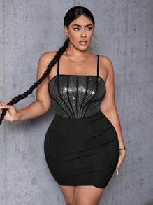 Slaydiva 大碼亮片拼接圍裹下擺吊帶緊身連衣裙 - 黑色 - 查看 4
