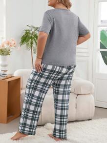 大尺碼格紋短袖t恤和長褲睡衣套裝 - 深灰色 - 查看 2