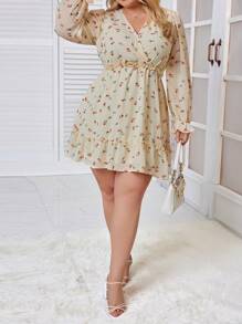 SHEIN Frenchy 女款大尺碼花卉印花荷葉袖收腰洋裝 - 杏色 - 查看 5