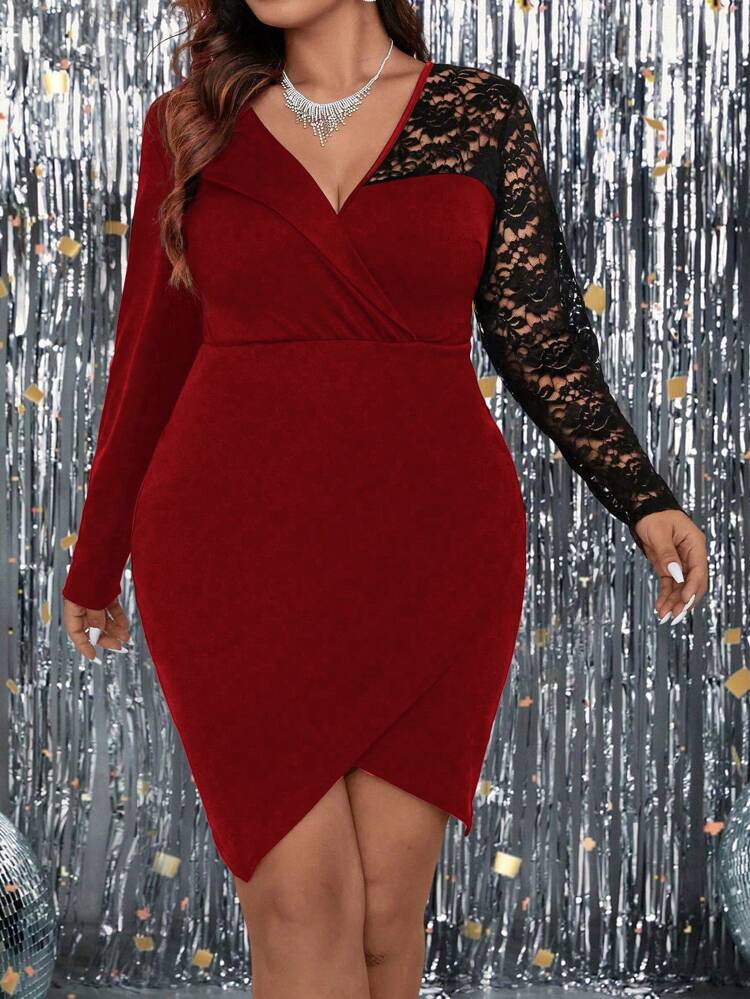 Plus Size Contrast Color Lace Panel Bodycon Dress
