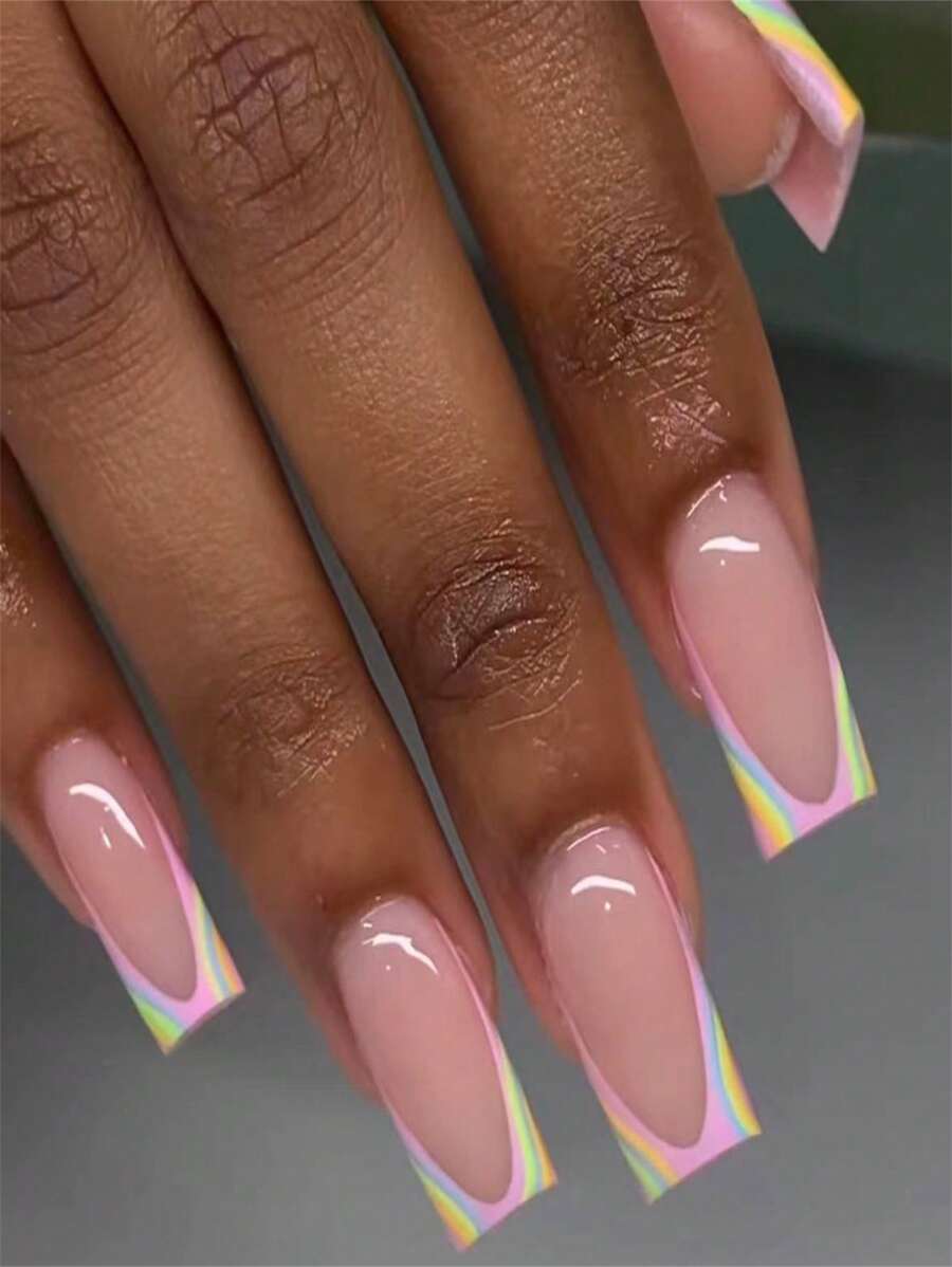 ROMWE Fairycore 24pcs Full Cover Square Shape French Style Artificial Nail Tips Set, Suitable For Women And Girls - Multicolor - View 1