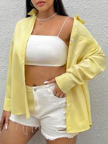 SHEIN CURVE+ Plus Size Solid Color Drop Shoulder Sleeve Shirt - Yellow - View 2