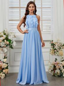 SHEIN Belle Adult Bridesmaid Dress With Ruffled Details, Halter Neckline, And Extra Large Swing Hem - Baby Blue - View 1