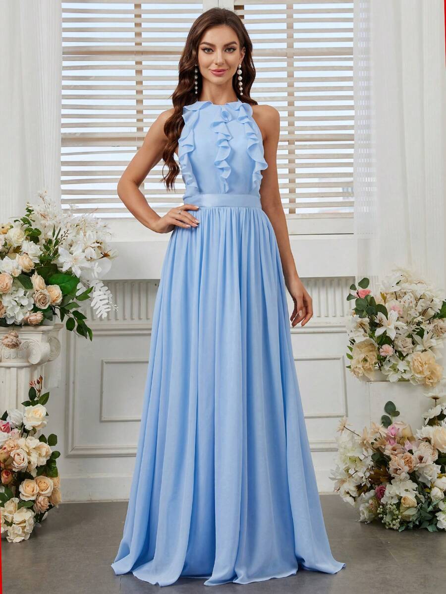 SHEIN Belle Adult Bridesmaid Dress With Ruffled Details, Halter Neckline, And Extra Large Swing Hem - Baby Blue - View 1