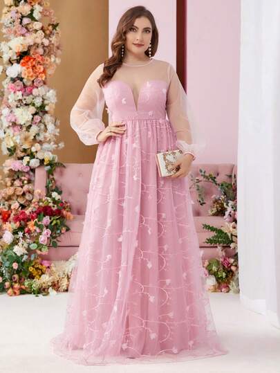 SHEIN Belle Plus Size Elegant Pink Round Neck Sheer Mesh Long Sleeve Slim Arm Heart Neckline Splicing Romantic Stereoscopic Floral High Waist Flowing A Swing Wedding Holiday Event Easter Concert Dinner Heavy Duty Gowns