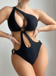 SHEIN Swim One-Shoulder Sleeveless Solid Black Hollow Out One-Piece Swimsuit Summer
