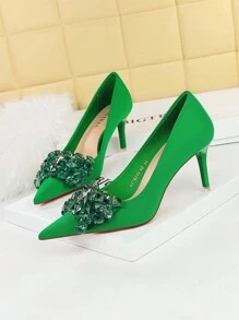 歐美風派對高跟鞋，女式豪華緞面尖頭蝴蝶結鞋 - 綠色 - 查看 1