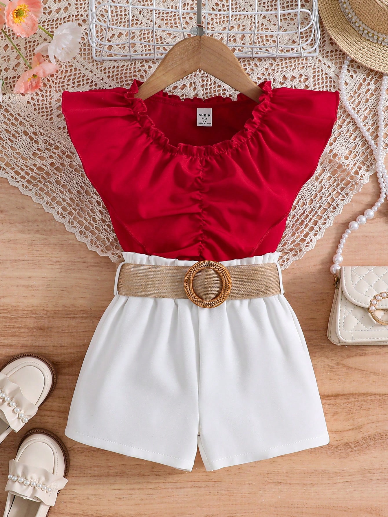 SHEIN Little Girls' Solid Color Ruffle Trim Top And Shorts Set for Sale