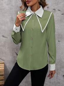 SHEIN Frenchy 女士對比色法式復古襯衫 - 綠色 - 查看 4