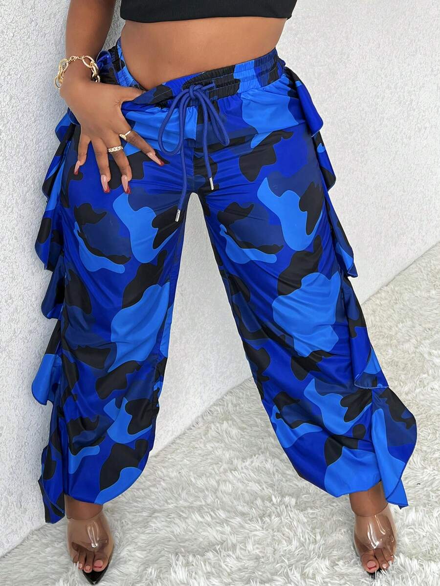 Slaydiva 女士迷彩印花高腰束腰長褲,配以褶邊設計 - 寶藍色 - 查看 1