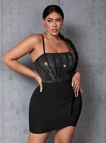 Slaydiva 大碼亮片拼接圍裹下擺吊帶緊身連衣裙 - 黑色 - 查看 3