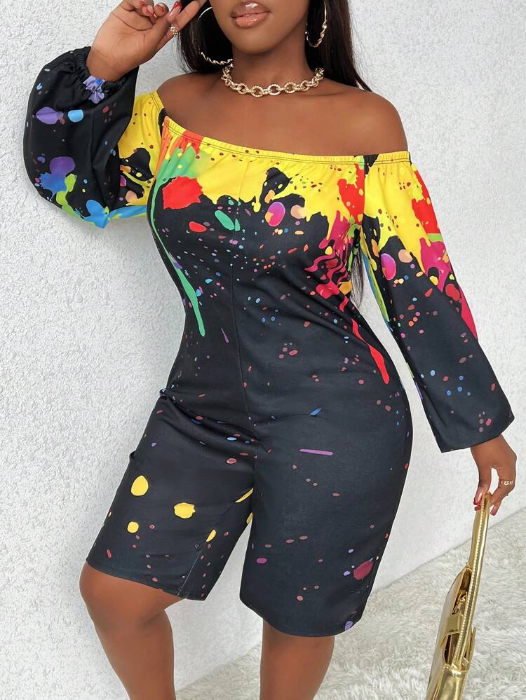Women's Off-Shoulder Lantern Sleeve Splatter Print Romper