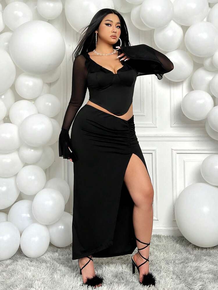 Plus Size Solid Color Bell Sleeve Top And Split Hem Skirt Set