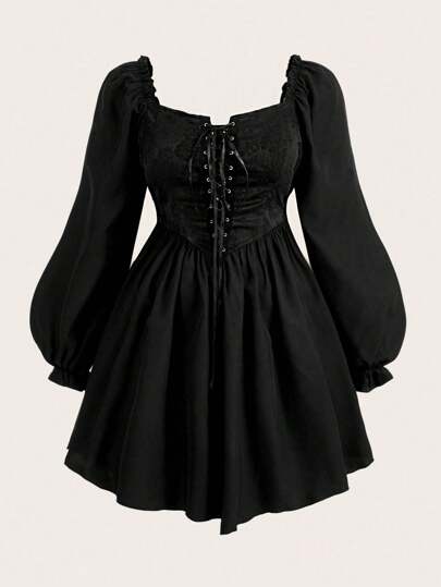 Sweetra Plus Lace Up Front Frill Trim Dress Fall Cloth For Women