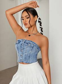 SHEIN ICON Top Tipo Corpiño De Mezclilla Con Botones Delanteros - Azul lavado medio - Ver 3