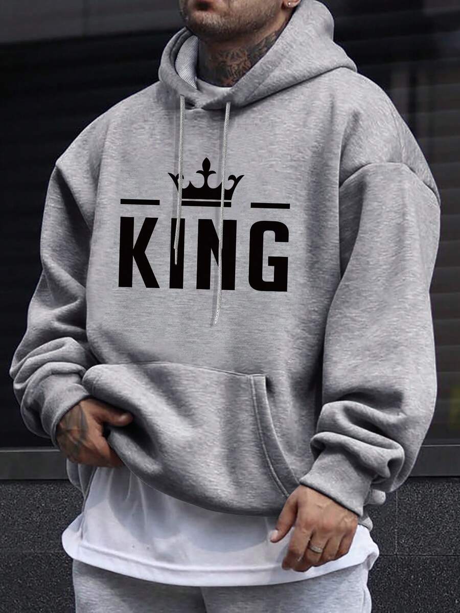 Manfinity Homme Men's Letter Print Hooded Sweatshirt - Light Grey - View 1