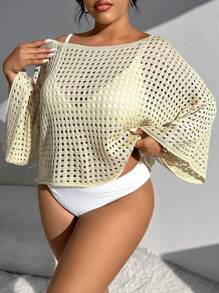 SHEIN Swim Curve 夏季大码女士圆孔镂空罩衫音乐节 - 杏色 - 查看 4