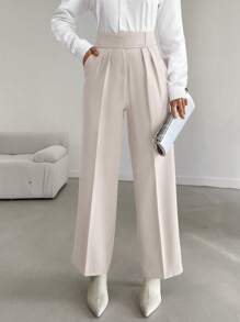 SHEIN Cottnline High Waist Seam Front Straight Leg Suit Pants - Beige - View 4