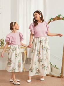 SHEIN Tween女孩荷葉邊圓領上衣&編織花印裙裝 - 淺粉色 - 查看 5